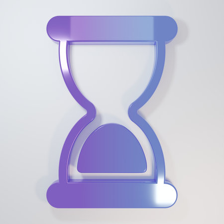 Purple-blue Old hourglass with flowing sand icon isolated on gray background. Sand clock sign. Business and time management concept. Minimalism concept. 3D render illustration.の写真素材