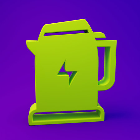 Green Electric kettle icon isolated on purple-blue background. Teapot icon. Minimalism concept. 3D render illustration.の写真素材