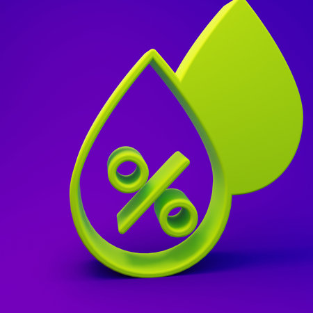 Green Water drop percentage icon isolated on purple-blue background. Humidity analysis. Minimalism concept. 3D render illustration.の写真素材