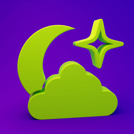 Green Moon and stars icon isolated on purple-blue background. Cloudy night sign. Sleep dreams symbol. Full moon. Night or bed time sign. Minimalism concept. 3D render illustration.の写真素材