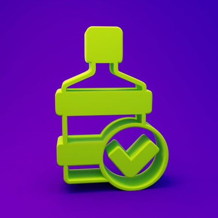 Green Big bottle with clean water icon isolated on purple-blue background. Plastic container for the cooler. Minimalism concept. 3D render illustration.の写真素材