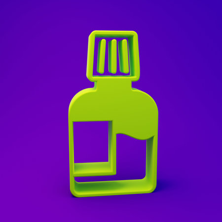 Green Mouthwash plastic bottle icon isolated on purple-blue background. Liquid for rinsing mouth. Oralcare equipment. Minimalism concept. 3D render illustration.の写真素材