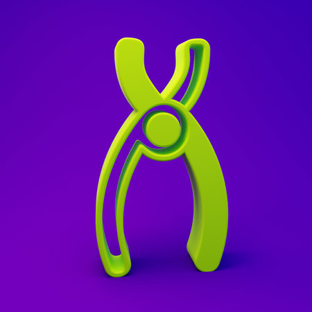 Green Dental pliers icon isolated on purple-blue background. Dental equipment. Minimalism concept. 3D render illustration.の写真素材