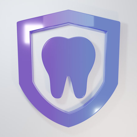 Purple-blue Dental protection icon isolated on gray background. Tooth on shield logo. Minimalism concept. 3D render illustration.の写真素材
