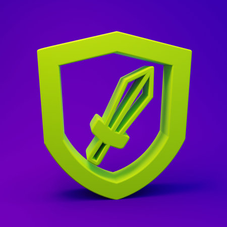 Green Sword for game icon isolated on purple-blue background. Minimalism concept. 3D render illustration.の写真素材
