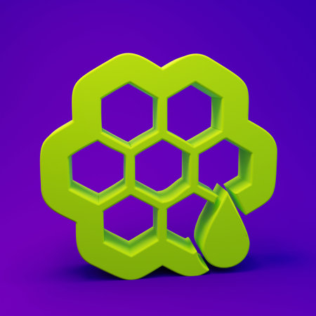 Green Honeycomb icon isolated on purple-blue background. Honey cells symbol. Sweet natural food. Minimalism concept. 3D render illustration.の写真素材