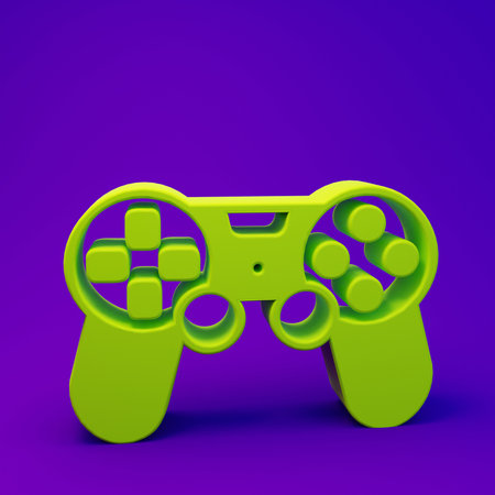 Green Game controller or joystick for game console icon isolated on purple-blue background. Minimalism concept. 3D render illustration.の写真素材