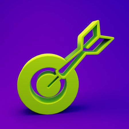 Green Classic dart board and arrow icon isolated on purple-blue background. Dartboard sign. Game concept. Minimalism concept. 3D render illustration.の写真素材