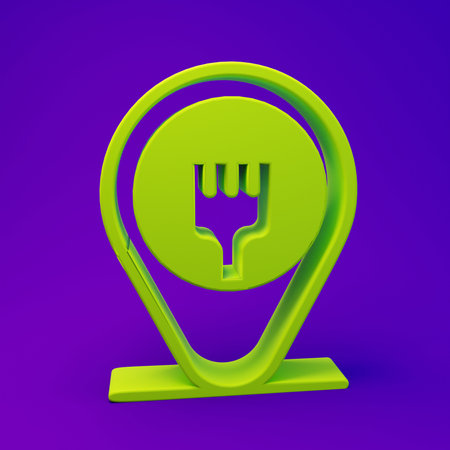 Green Cafe and restaurant location icon isolated on purple-blue background. Fork eatery sign inside pinpoint. Minimalism concept. 3D render illustration..の写真素材