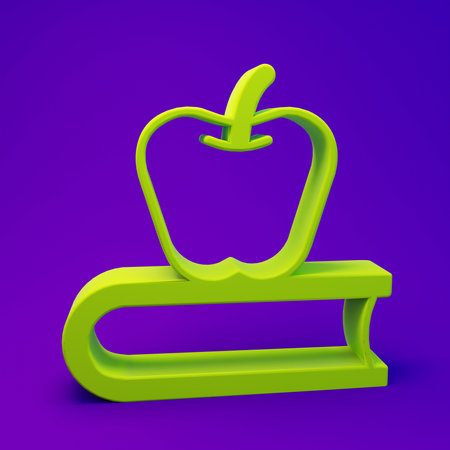 Green Book with apple icon isolated on purple-blue background. Minimalism concept. 3D render illustration.の写真素材
