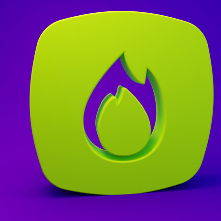 Green Fire flame icon isolated on purple-blue background. Minimalism concept. 3D render illustration.の写真素材