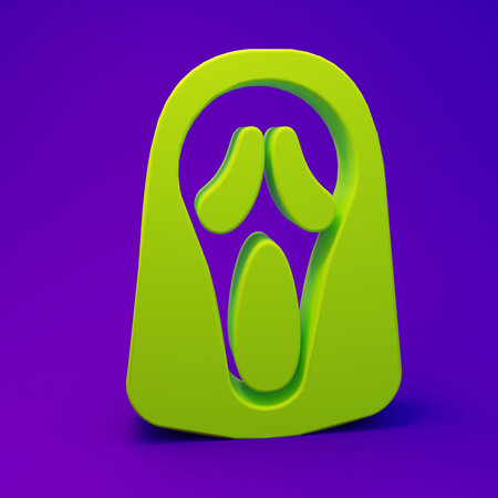 Green Funny and scary ghost mask for Halloween icon isolated on purple-blue background. Happy Halloween party. Minimalism concept. 3D render illustration.の写真素材