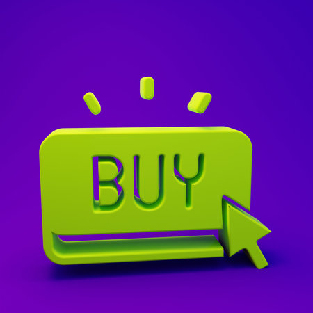 Green Buy button icon isolated on purple-blue background. Minimalism concept. 3D render illustration.の写真素材