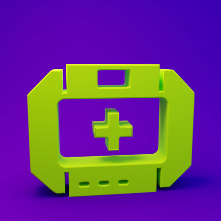 Green First aid kit icon isolated on purple-blue background. Medical box with cross. Medical equipment for emergency. Healthcare concept. Minimalism concept. 3D render illustration.の写真素材
