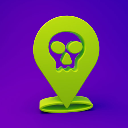 Green Skull icon isolated on purple-blue background. Happy Halloween party. Minimalism concept. 3D render illustration.の写真素材