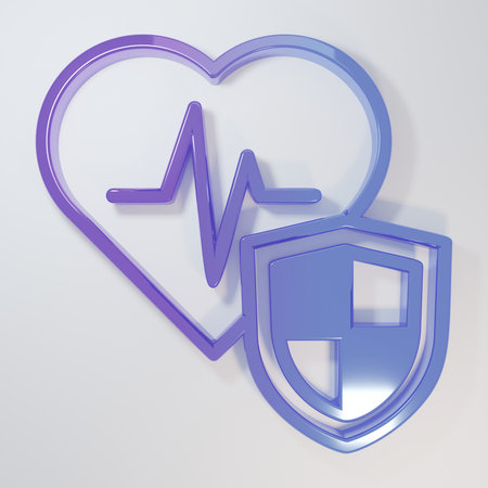 Purple-blue Life insurance with shield icon isolated on gray background. Security, safety, protection, protect concept. Minimalism concept. 3D render illustration.の写真素材