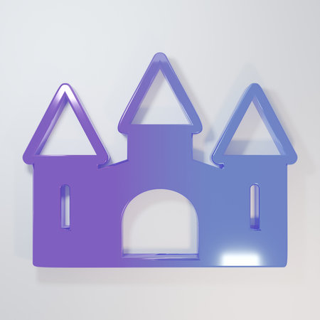 Purple-blue Castle icon isolated on gray background. Medieval fortress with a tower. Protection from enemies. Reliability and defense of the city. Minimalism concept. 3D render illustration.の写真素材