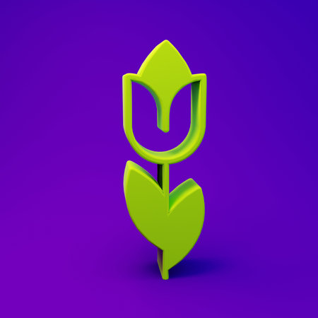 Green Flower tulip icon isolated on purple-blue background. Minimalism concept. 3D render illustration.の写真素材