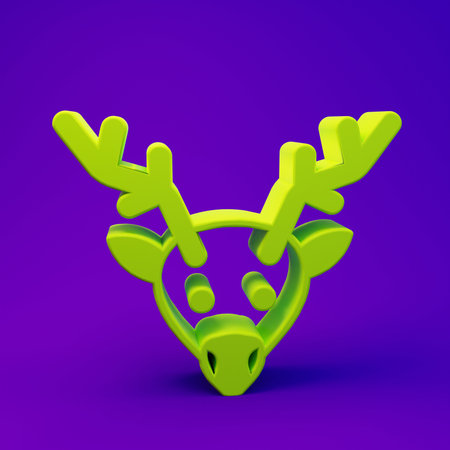 Green Reindeer icon isolated on purple-blue background. Merry Christmas and Happy New Year. Minimalism concept. 3D render illustration.の写真素材