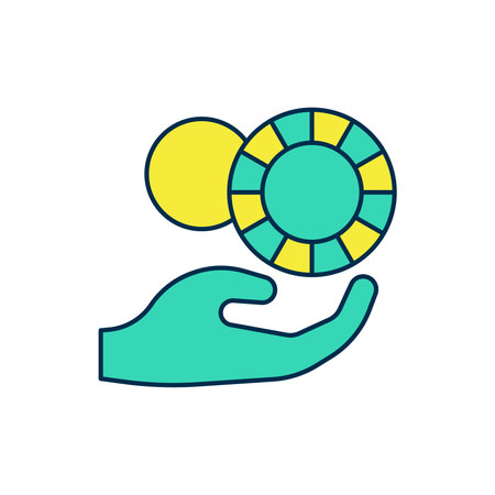Filled outline Hand holding casino chips icon isolated on white background. Casino gambling. Vector.のイラスト素材