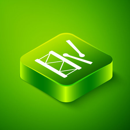 Isometric Drum with drum sticks icon isolated on green background. Music sign. Musical instrument symbol. Green square button. Vector.のイラスト素材