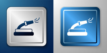 White Garden hose icon isolated on blue and gray background. Spray gun icon. Watering equipment. Silver and blue square button. Vector.のイラスト素材