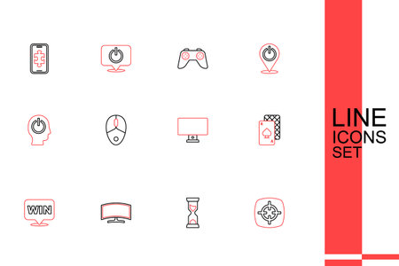 Set line Target sport Old hourglass Computer monitor Medal Playing cards mouse and Power button icon. Vector.のイラスト素材