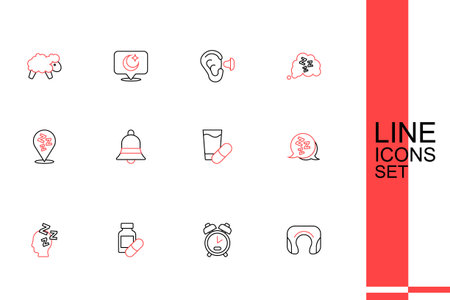 Set line Travel neck pillow Alarm clock Sleeping Dreams Sleepy Ringing bell and icon. Vector.のイラスト素材