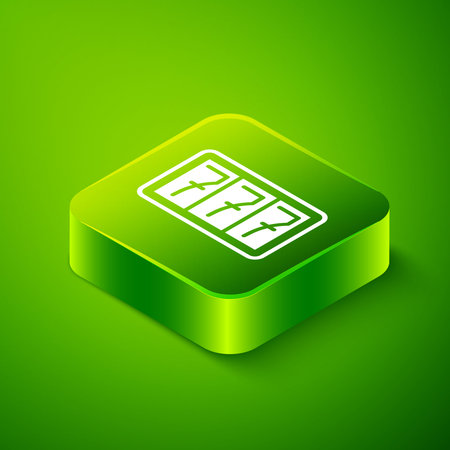Isometric Slot machine with lucky sevens jackpot icon isolated on green background. Green square button. Vector.のイラスト素材