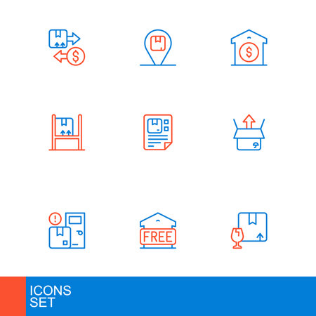 Set line Package box with fragile content Free storage Home delivery services Unboxing Warehouse interior boxes Waybill price and Location cardboard icon. Vector.のイラスト素材
