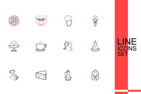 Set line Roman army helmet Bottle of olive oil Cheese Map Italy Slice pizza Wine glass Coffee cup and Ice cream the bowl icon. Vector.のイラスト素材