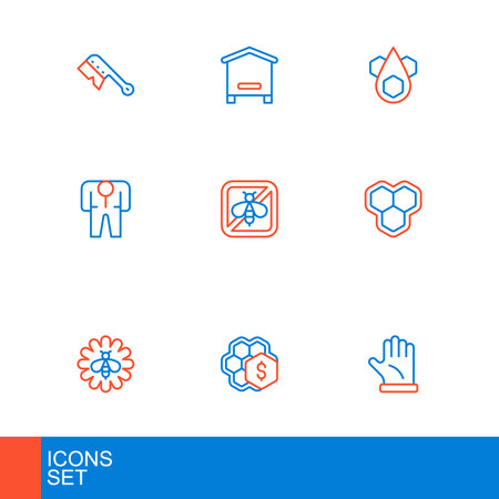 Set line Beekeeper glove Sale of honeycomb flower Honeycomb costume Stop bees and Hive for bees icon. Vector.のイラスト素材