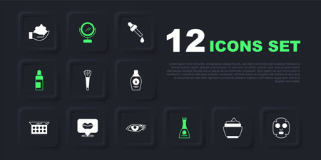 Set Cream or lotion cosmetic tube Facial mask Makeup brush Bottle of nail polish Essential oil bottle Smiling lips Round makeup mirror and Woman eye icon. Vector.のイラスト素材