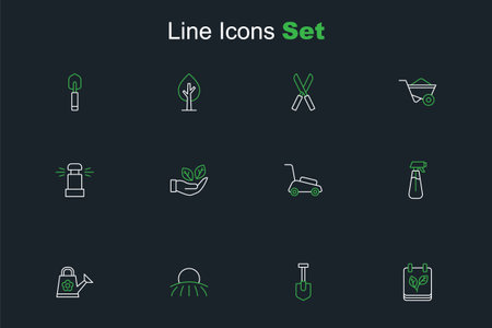 Set line Calendar with autumn leaves Shovel Sunrise Watering can Garden sprayer for water Lawn mower Leaf hand and Automatic irrigation sprinklers icon. Vector.のイラスト素材