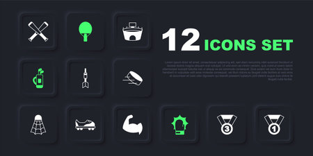 Set Medal Dart arrow Punch in boxing gloves Golf bag with clubs Football shoes Racket and Bodybuilder showing his muscles icon. Vector.のイラスト素材