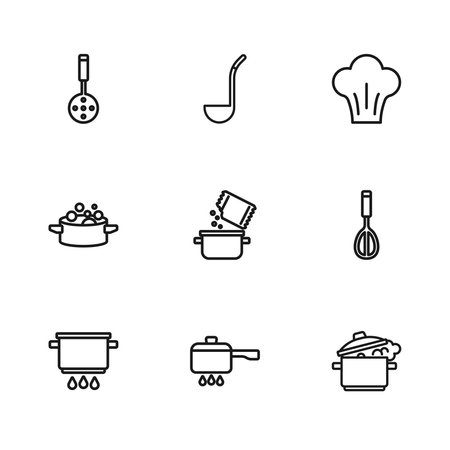 Set line Cooking pot on fire Kitchen whiskey and spice Chef hat Spatula ladle and icon. Vector.のイラスト素材