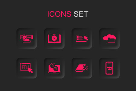 Set Question and Answer Audio book Web camera Online Cloud or online library Graduation cap mobile quiz test survey and education icon. Vector.のイラスト素材