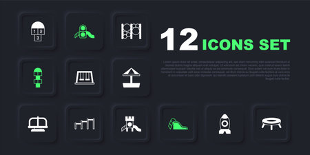 Set Rocket ship toy Jumping trampoline Swings for kids Slide playground Hopscotch Sport horizontal bar and icon. Vector.のイラスト素材