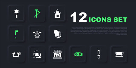Set Rasp metal file Blacksmith anvil tool Anvil and hammer Welding glasses Fire poker Metallic nails and oven icon. Vector.のイラスト素材