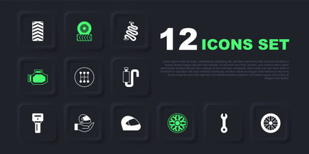 Set Wrench spanner Alloy wheel for car Gear shifter Check engine Racing helmet Car tire and icon. Vector.のイラスト素材