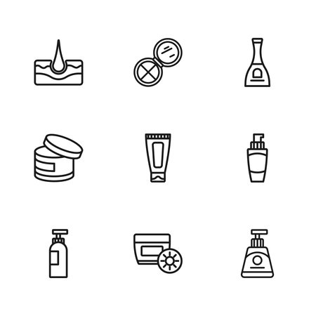Set line Sunscreen cream in tube Tube of hand Cream or lotion cosmetic Bottle nail polish Human hair follicle Makeup powder with mirror and icon. Vector.のイラスト素材