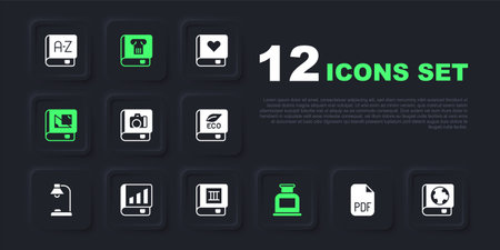 Set PDF file document Earth globe and book Photo album gallery Inkwell Book about geometry Financial History and icon. Vector.のイラスト素材