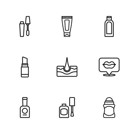 Set line Bottle of nail polish Smiling lips Deodorant roll Human hair follicle shampoo Mascara brush Cream lotion cosmetic tube and Lipstick icon. Vector.のイラスト素材
