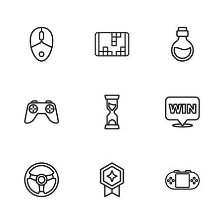 Set line Game rating with medal Medal Portable video game console Old hourglass Bottle magic elixir Computer mouse and controller joystick icon. Vector.のイラスト素材