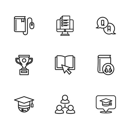 Set line Online class Audio book Graduation cap speech bubble Question and Answer Electronic with mouse quiz test survey and Award cup icon. Vector.のイラスト素材