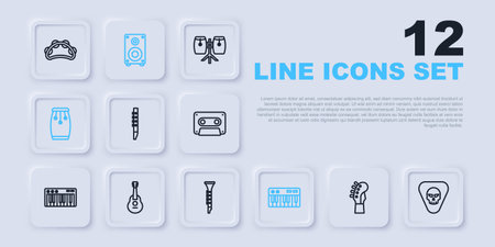 Set line Guitar neck pick Flute Music synthesizer Conga drums Stereo speaker and Clarinet icon. Vector.のイラスト素材