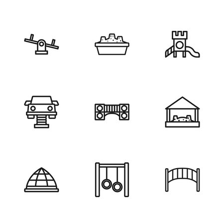 Set line Gymnastic rings Sandbox with sand Playground kids bridge Slide playground Seesaw and Swing car icon. Vector.のイラスト素材