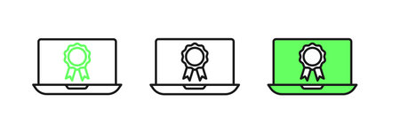 Set line Online education with diploma icon isolated on white background. Diploma online at home....