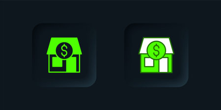 Green Shopping building or market store icon isolated on black background. Shop construction. Black square button. Vector.のイラスト素材