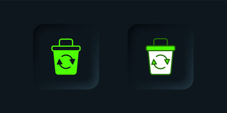Green Recycle bin with recycle symbol icon isolated on black background. Trash can icon. Garbage bin sign. Recycle basket sign. Black square button. Vector.のイラスト素材
